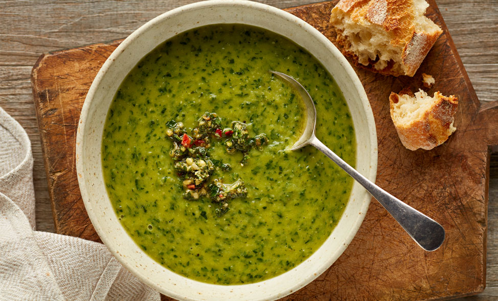 Recipe photo of Pea & Spinach Soup with Pesto