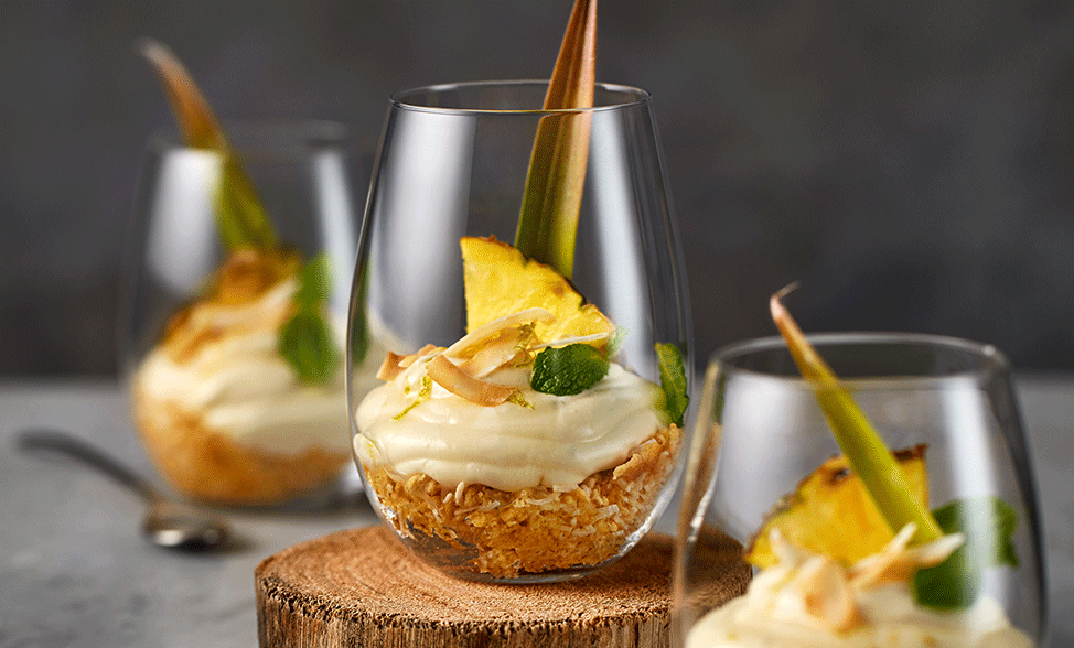 Recipe photo of Pina Colada Cheesecakes with Lime Syrup