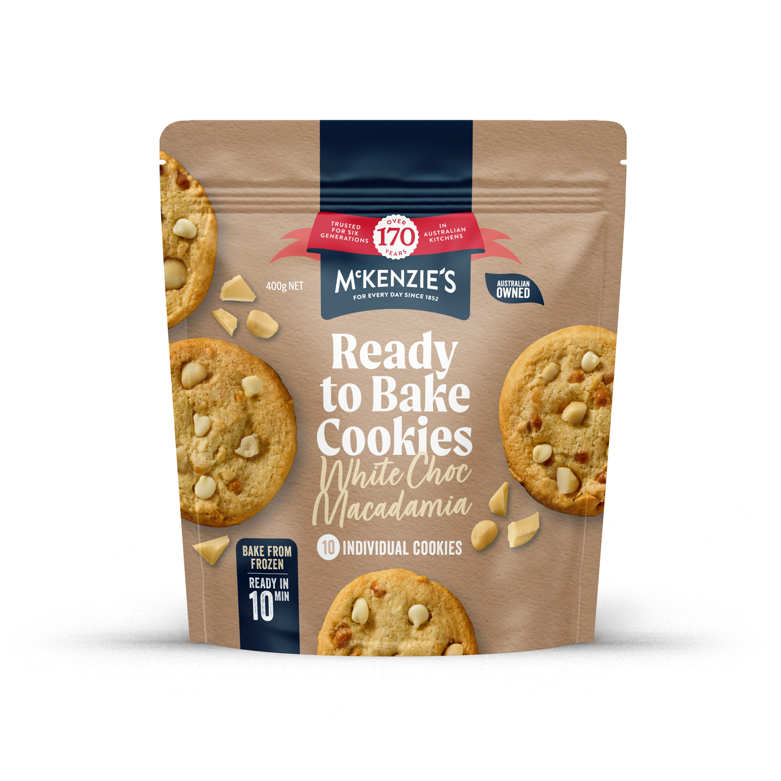 Product photo of McKenzie's Ready to Bake White Choc Macadamia Cookies