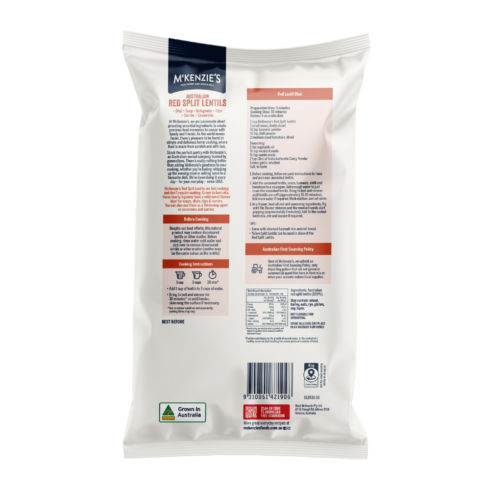 McKenzie’s Australian Red Split Lentils 1kg 2