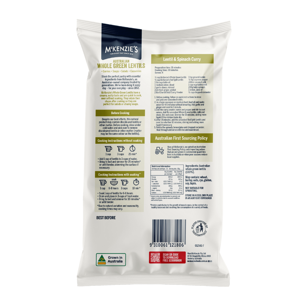 McKenzie’s Australian Whole Green Lentils 375g 2