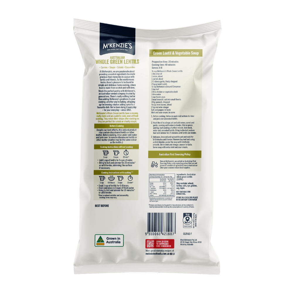 McKenzie’s Australian Whole Green Lentils 1kg 2