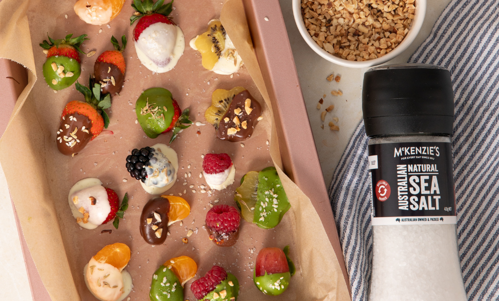 Chocolate-Dipped Fruit with Sea Salt & Crunch